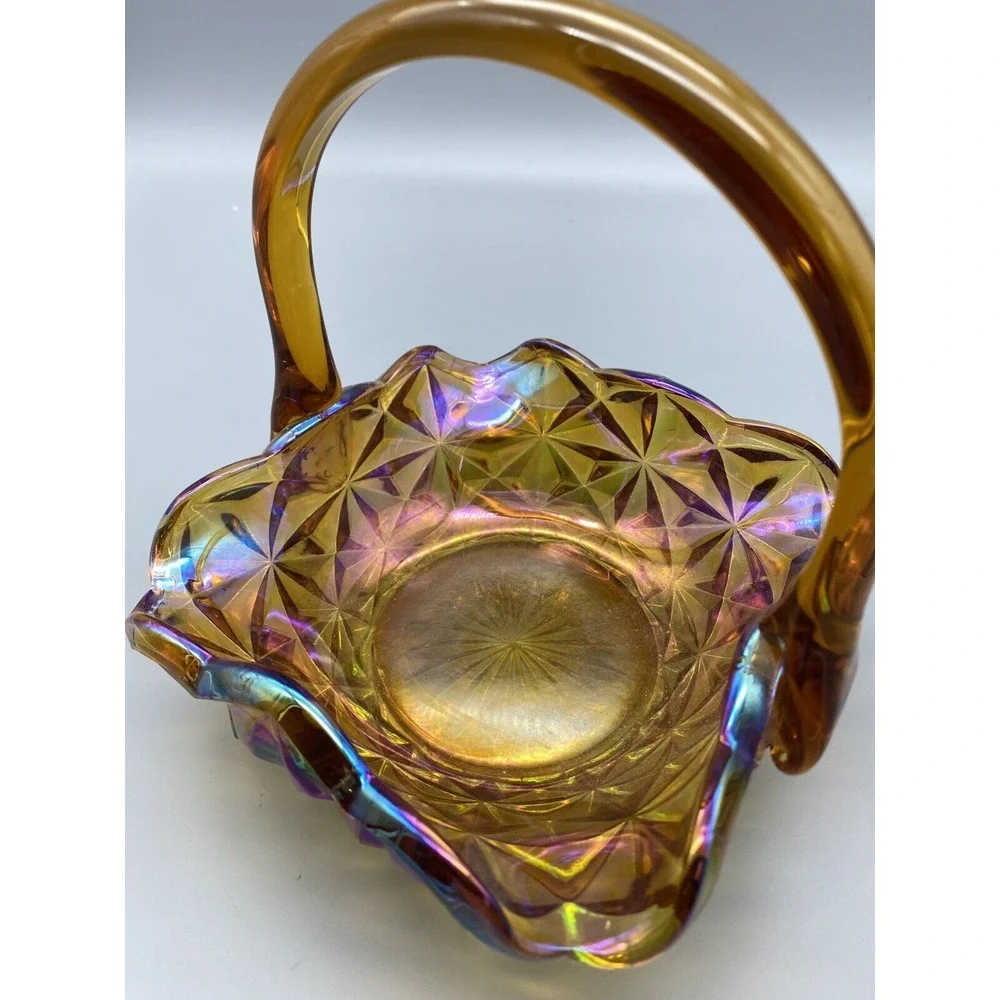Vintage Indiana Glass Monticello Yellow Mist‎  Carnival Glass Basket With Handle